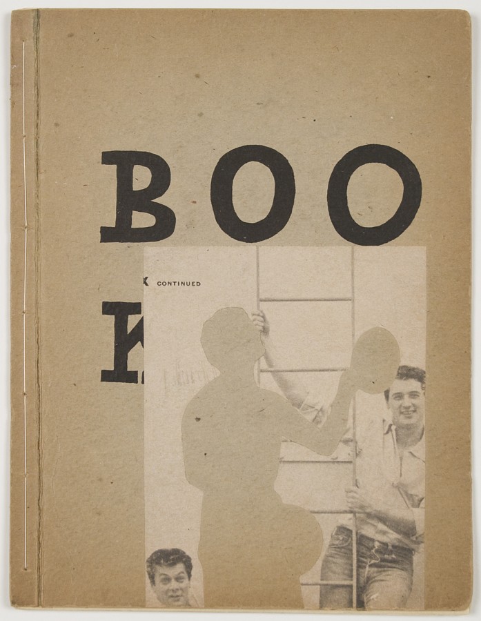 Ray Johnson, BOO[K], ca. 1955, artist’s book: collage on cardboard cover with hand-sewn binding; handwritten text and drawing in black and red inks on cut paper pages, 8 x 6 inches (20.3 x 15.2 cm), closed. © Ray Johnson Estate, Courtesy Richard L. Feigen & Co. / Photo: Ellen McDermott 