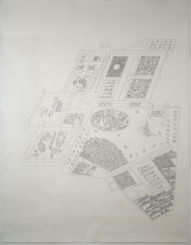 Alice Aycock, The Garden of Scripts (Villandry), 1986, ink on paper, 76 x 60 ¼ inches (193 x 153 cm). Promised gift to the Yale University Art Gallery, New Haven, Connecticut. © Alice Aycock / Photo: Laura Mitchell