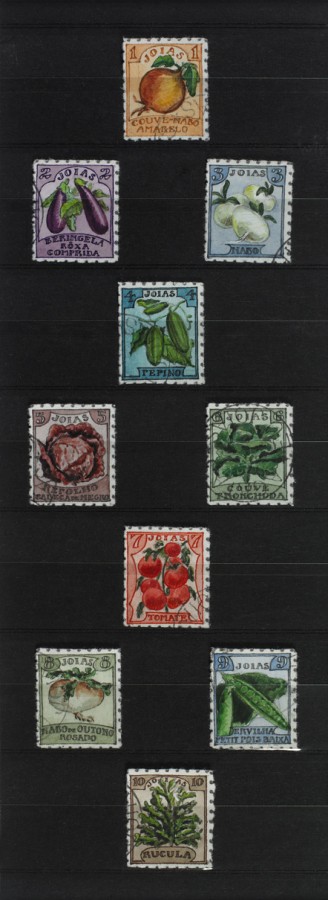 Donald Evans, Joias, 10 stamps, ca. 1975, watercolor on paper, 11 5/8 x 8 ½ inches (29.5 x 21.6 cm). © Estate of Donald Evans and Tibor de Nagy Gallery, New York / Photo: Ellen McDermott 