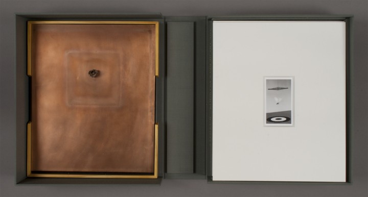 Left: Spent Bullet and right: Plain Air from Dove Bradshaw, The Art of Dove Bradshaw: Nature, Change, and Indeterminacy, 2003, artist’s book: mixed media, 13 ¾ x 11 7/8 x 3 ½ inches (34.9 x 30.2 x 8.9 cm), closed. Published by Mark Batty Publisher, New York. © Dove Bradshaw / Photo: Laura Mitchell