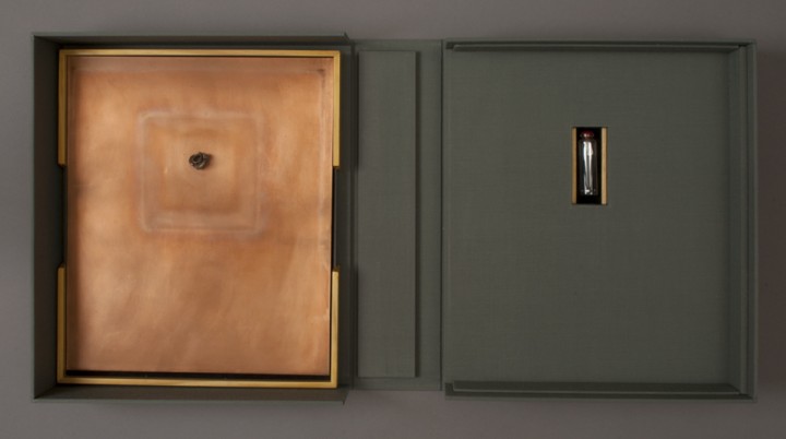 Left: Spent Bullet and right: Indeterminacy from Dove Bradshaw, The Art of Dove Bradshaw: Nature, Change, and Indeterminacy, 2003, artist’s book: mixed media, 13 ¾ x 11 7/8 x 3 ½ inches (34.9 x 30.2 x 8.9 cm), closed. Published by Mark Batty Publisher, New York. © Dove Bradshaw / Photo: Laura Mitchell