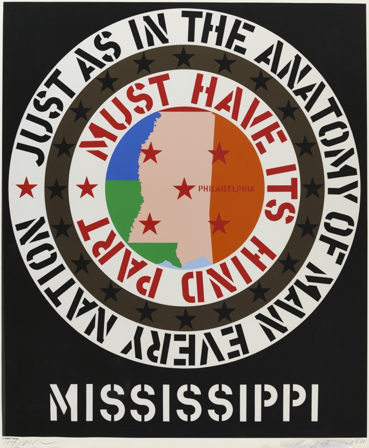 Robert Indiana, Mississippi, 1971, serigraph on paper, 35 x 30 inches (88.9 x 76.2 cm). Collection of Stephen M. Kramarsky & Elise Mac Adam, New York. © 2014 Artists Rights Society (ARS), New York / Photo: Andy Romer Photography