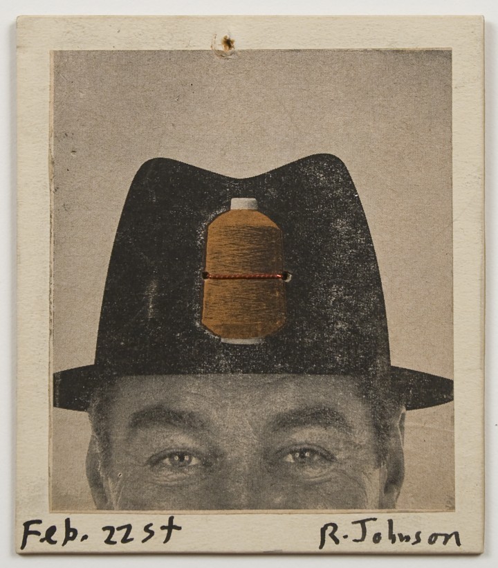 Ray Johnson, Untitled (Man in Hat with Metallic Thread), 1960-1962, string and printed paper collage on paperboard, 4 x 3 ⅜ inches (10.2 x 8.6 cm). © Ray Johnson Estate, Courtesy Richard L. Feigen & Co. / Photo: Ellen McDermott