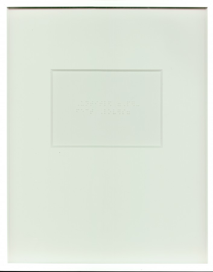 Richard Bassett, Untitled (Perfect Lovers), Felix Gonzalez-Torres, 1987-1990, 2001, Braille on paper, 13 ⅝ x 11 x 1 ⅛ inches (34.6 x 27.9 x 2.9 cm). In the collections of the Leslie-Lohman Gay Art Foundation and the University at Buffalo Art Galleries: Gift of Donald Bradford and Jack Fischer Gallery, San Francisco, CA. © Estate of Richard Bassett / Photo: Branden Charles Wallace 