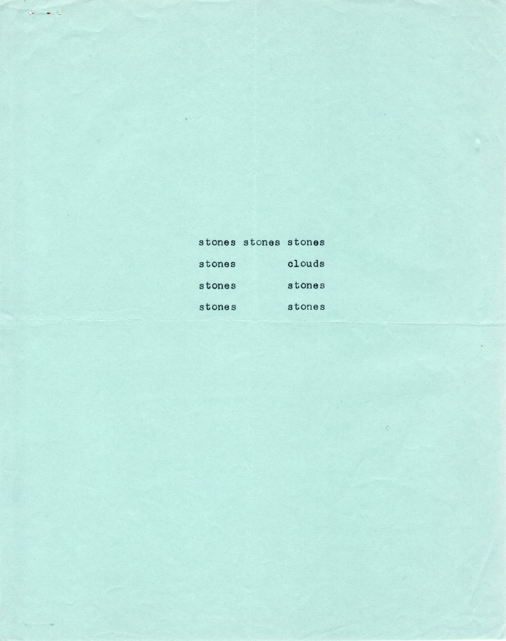 Ian Hamilton Finlay, stones stones stones Questions, 1966, typewriting on paper, 10 x 8 inches (25.4 x 20.3 cm). The Poetry Collection of the University Libraries, University at Buffalo, The State University of New York. © by courtesy of the Estate of Ian Hamilton Finlay / Photo: The Poetry Collection of the University Libraries, University at Buffalo, The State University of New York